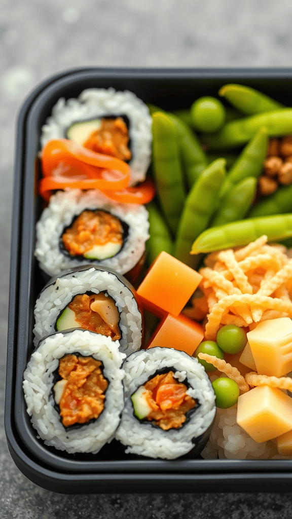 A bento box containing sushi rolls, edamame, cheese cubes, carrot slices, and crispy noodles.