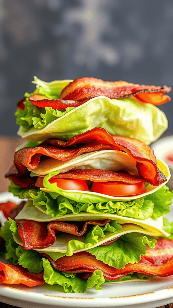 Stack of BLT lettuce wraps filled with bacon, lettuce, and tomatoes.