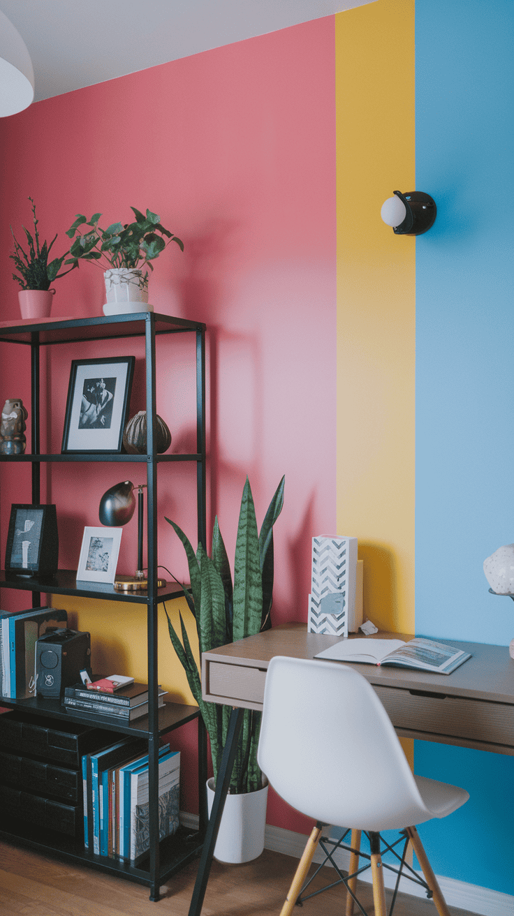 A colorful room with pink, yellow, and blue walls, featuring a desk, chair, and plants.