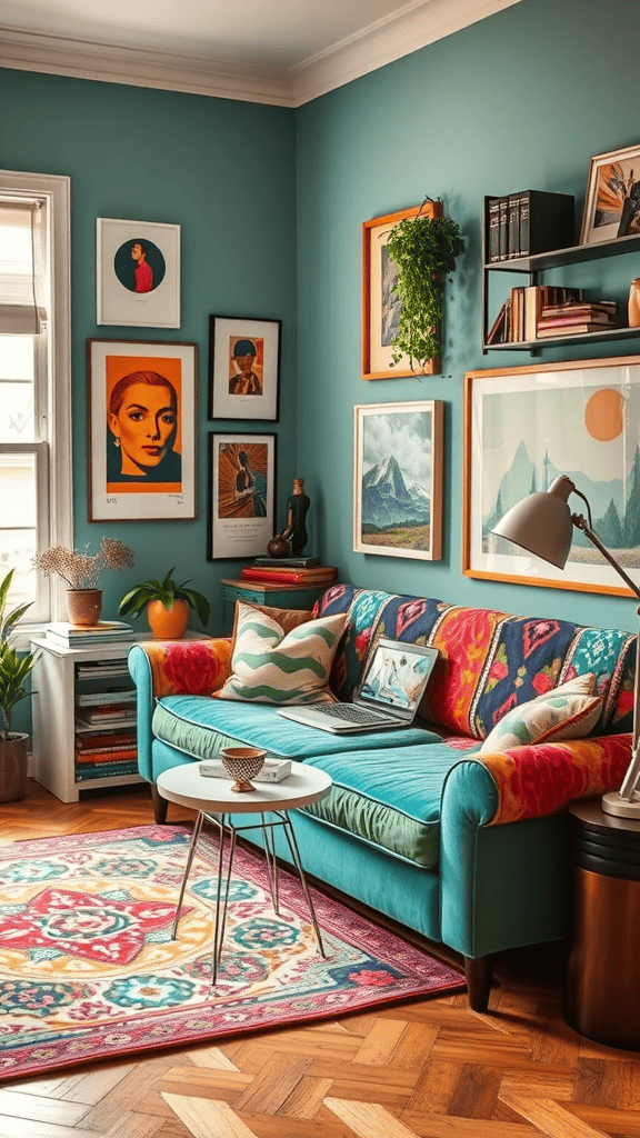 A cozy living room featuring a vibrant couch, colorful patterned rug, and stylish decor.