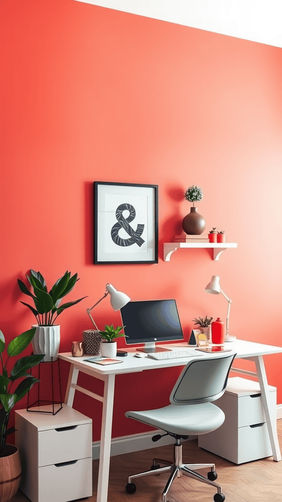 A stylish workspace featuring a coral wall, white desk, plants, and modern decor