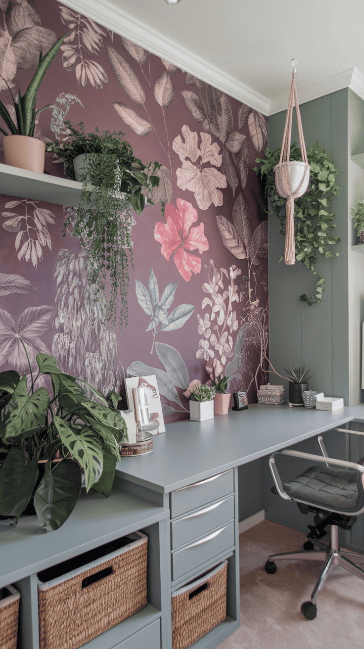 A modern workspace featuring a botanical print wall, with potted plants and a sleek desk.