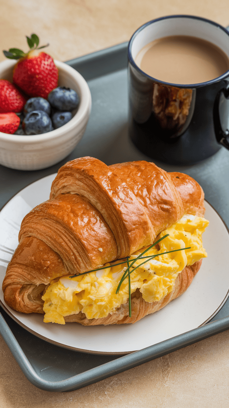 Breakfast croissant filled with scrambled eggs, served with berries and coffee.