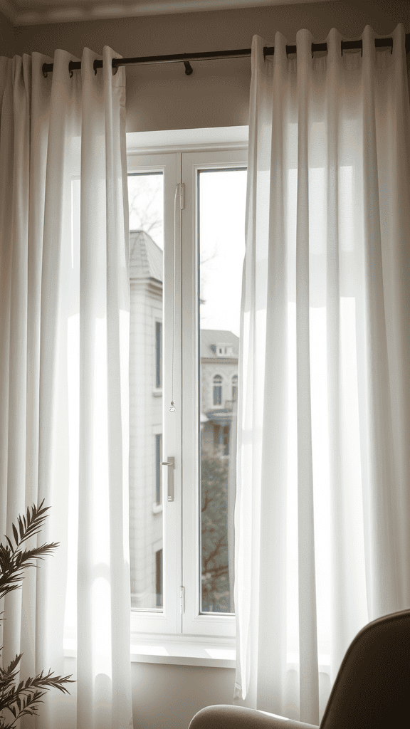 Bright room with sheer curtains letting in natural light.