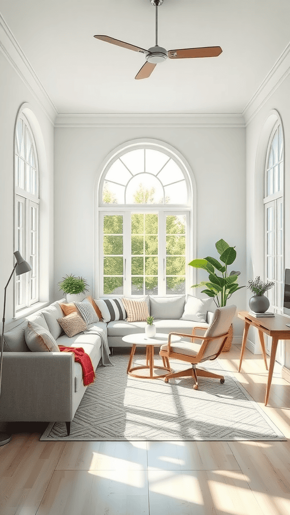 Bright office space featuring a sectional couch, large windows, and indoor plants