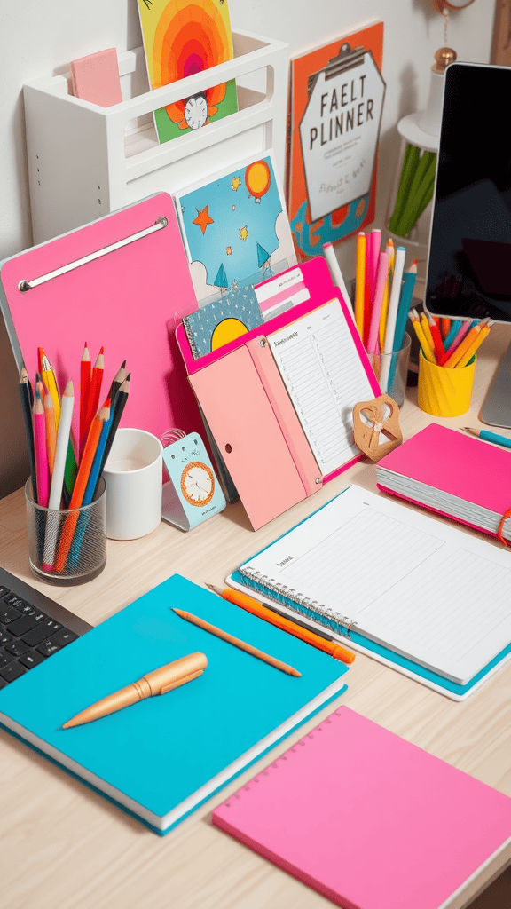 A bright and colorful desk setup featuring notebooks, stationery, and a computer.