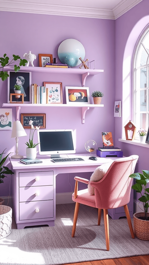 A cozy workspace with bright lavender walls, a white desk, a pink chair, and decorative items.