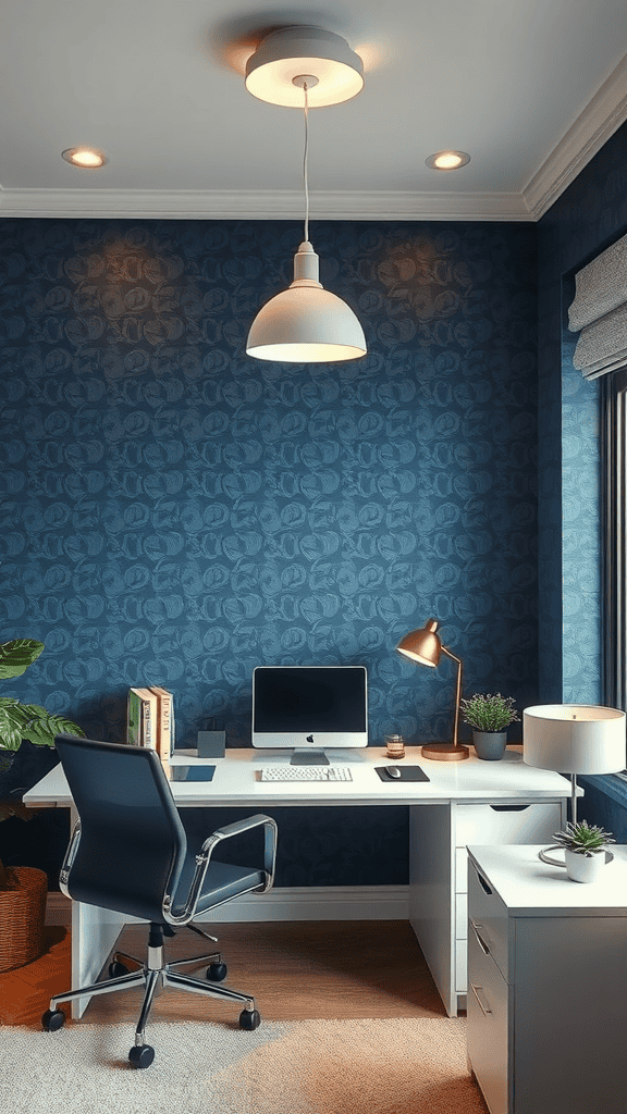 A modern office with navy wallpaper, a white desk, and bright lighting.