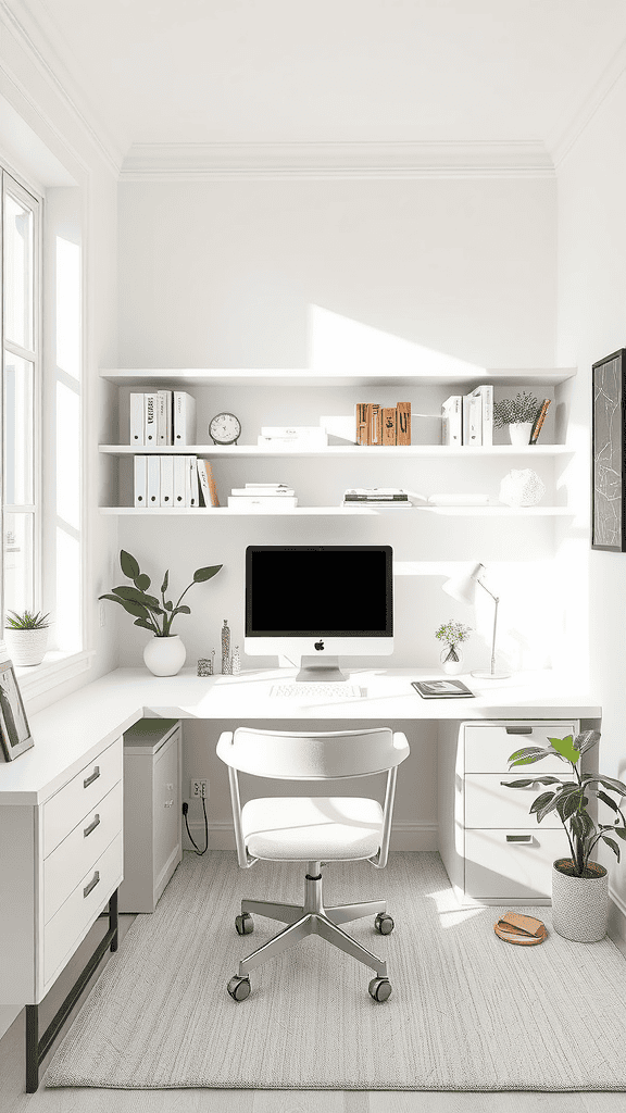 Minimalist bright white office with a desk, computer, and plants.