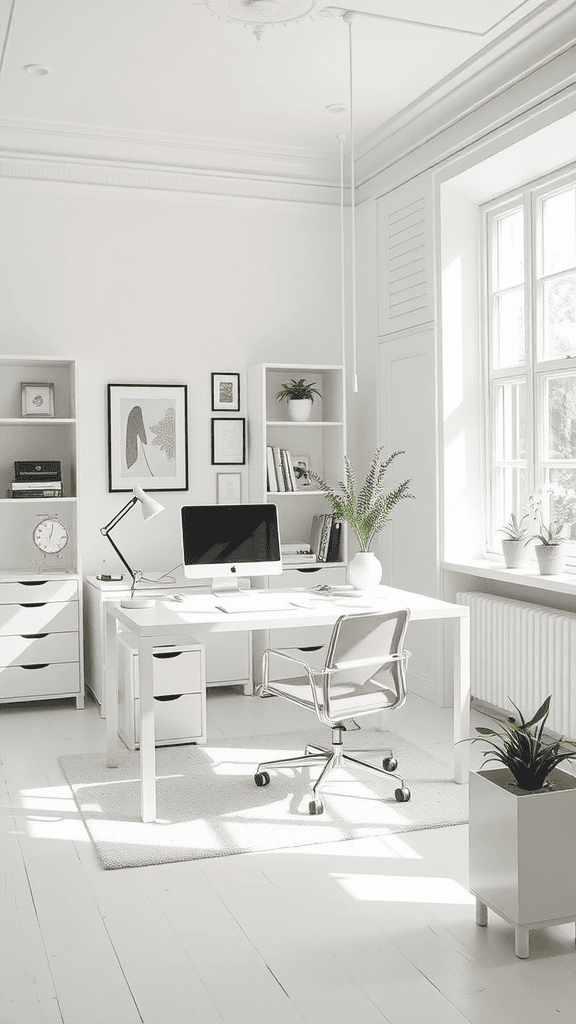 A bright and modern office space with white furniture, plants, and large windows