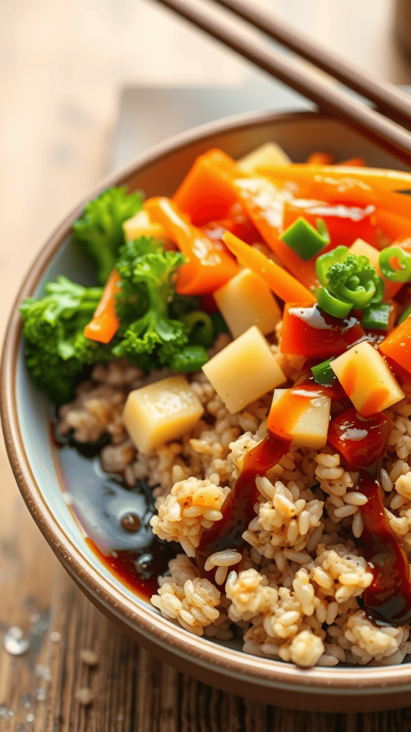 A bowl of brown rice topped with colorful vegetables and sauce.