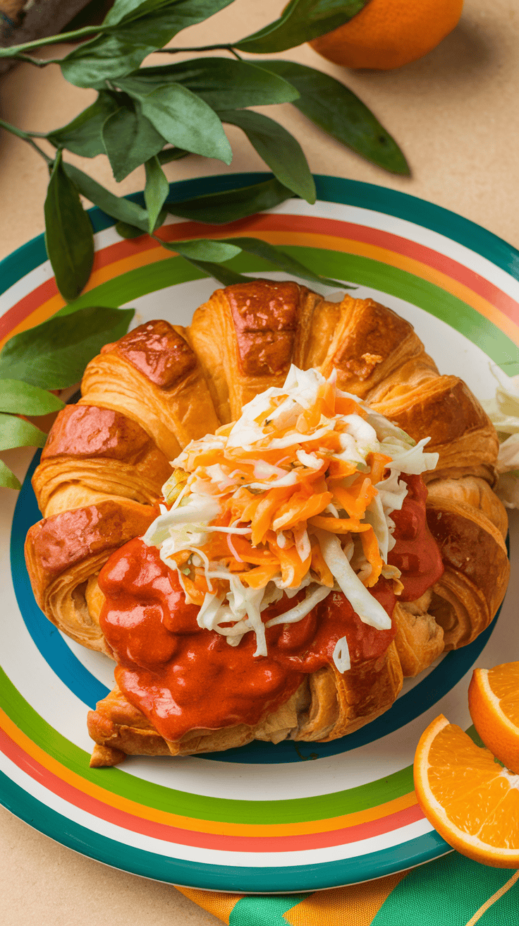 Buffalo cauliflower croissant topped with coleslaw and sauce on a colorful plate