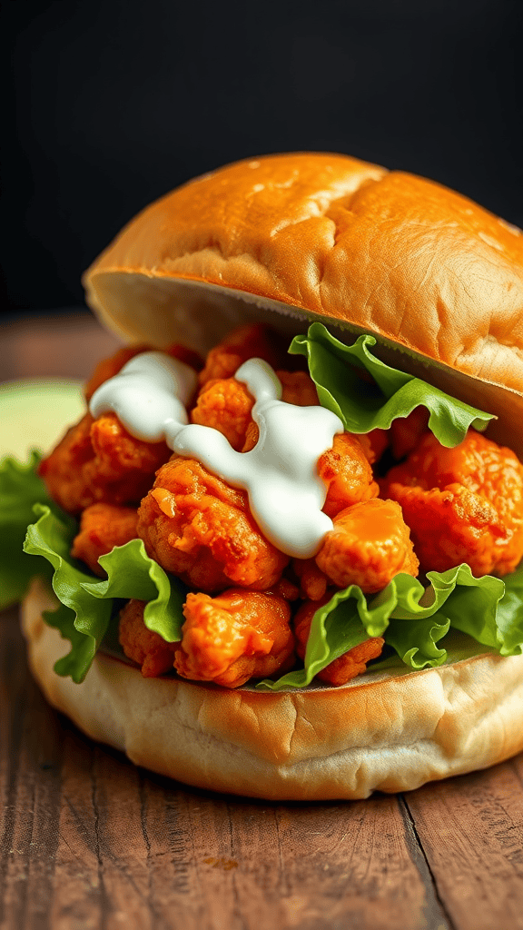 A close-up of a Buffalo Cauliflower Sandwich with crispy buffalo cauliflower, lettuce, and white sauce on a soft bun.