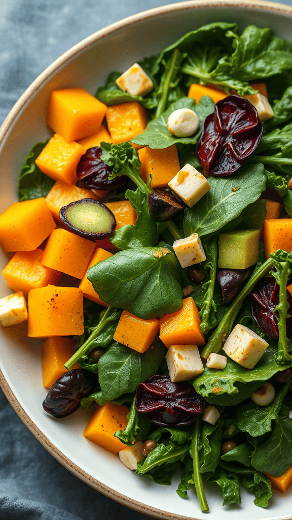 A vibrant salad with butternut squash, kale, and various toppings.