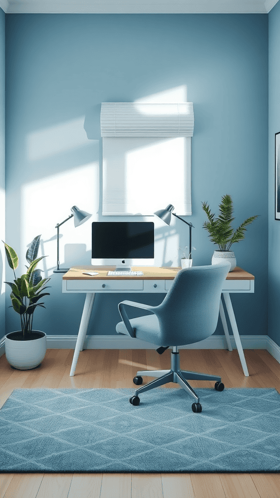 A calming blue workspace with a desk, computer, plants, and natural light.