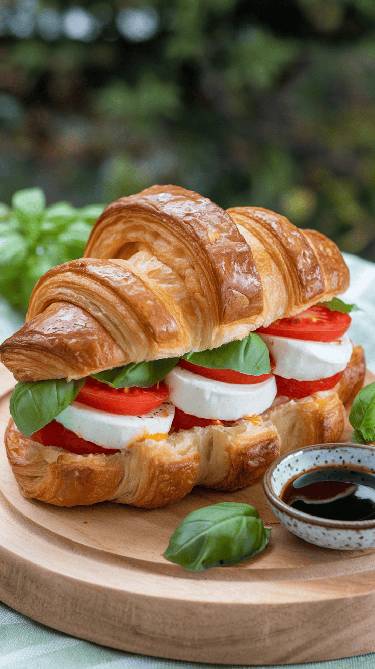 A delicious Caprese croissant filled with mozzarella, tomatoes, and basil, served with balsamic dressing.