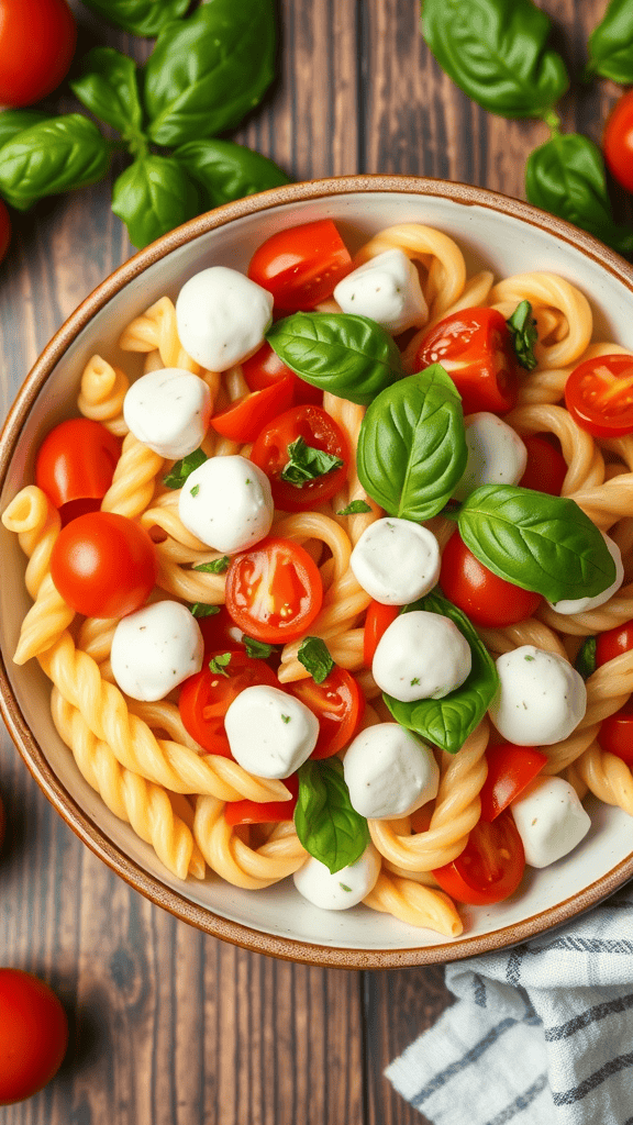 A bowl of Caprese pasta salad with cherry tomatoes, mozzarella balls, and fresh basil on a wooden table.