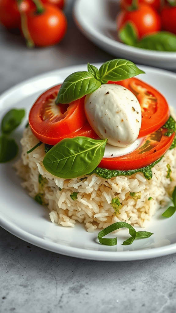 A plate of Caprese rice salad with tomatoes, mozzarella, and basil pesto.