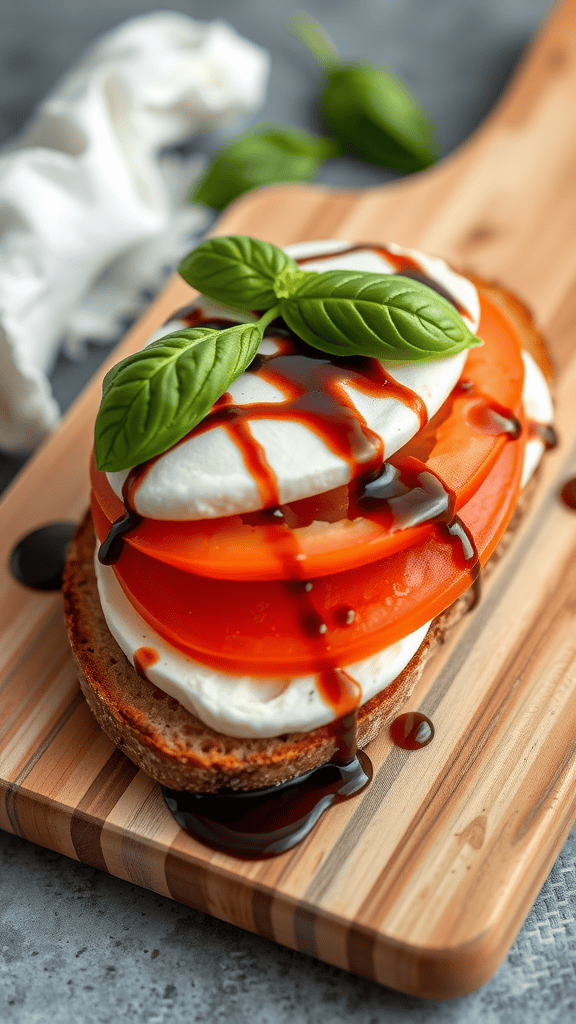 Caprese sandwich with tomatoes, mozzarella, fresh basil, and balsamic glaze on a wooden board