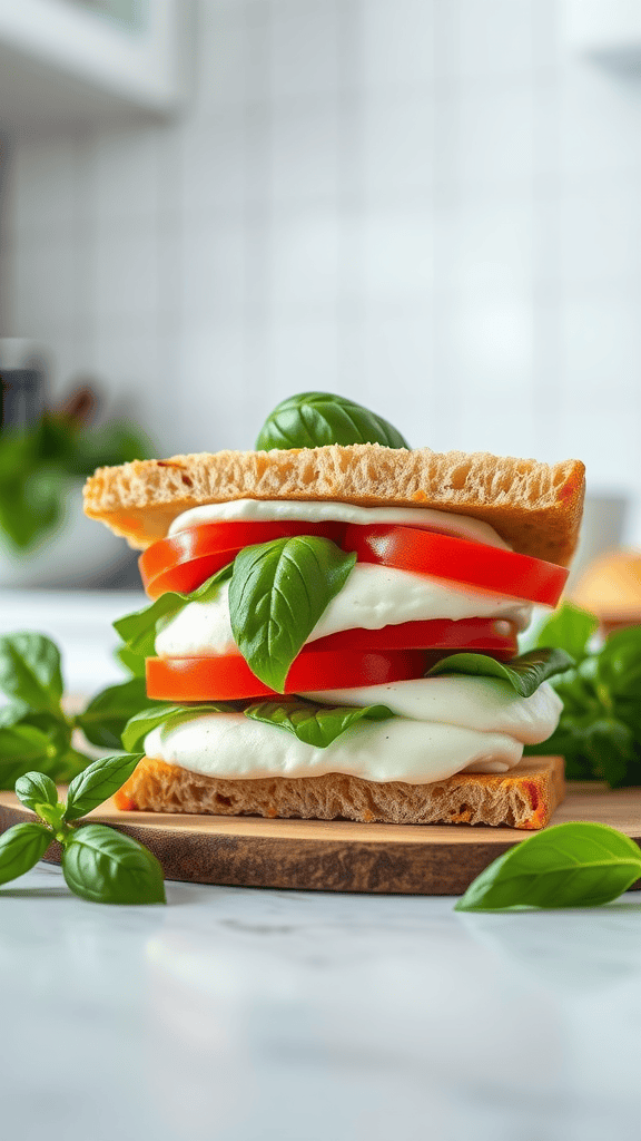 A fresh Caprese sandwich made with tomatoes, mozzarella, and basil on a wooden cutting board.