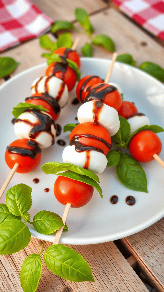 Caprese skewers with cherry tomatoes, mozzarella, basil, and balsamic glaze on a plate