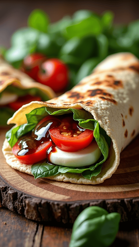 A close-up of a Caprese wrap filled with fresh spinach, mozzarella, and tomatoes, drizzled with balsamic glaze, served on a wooden board.