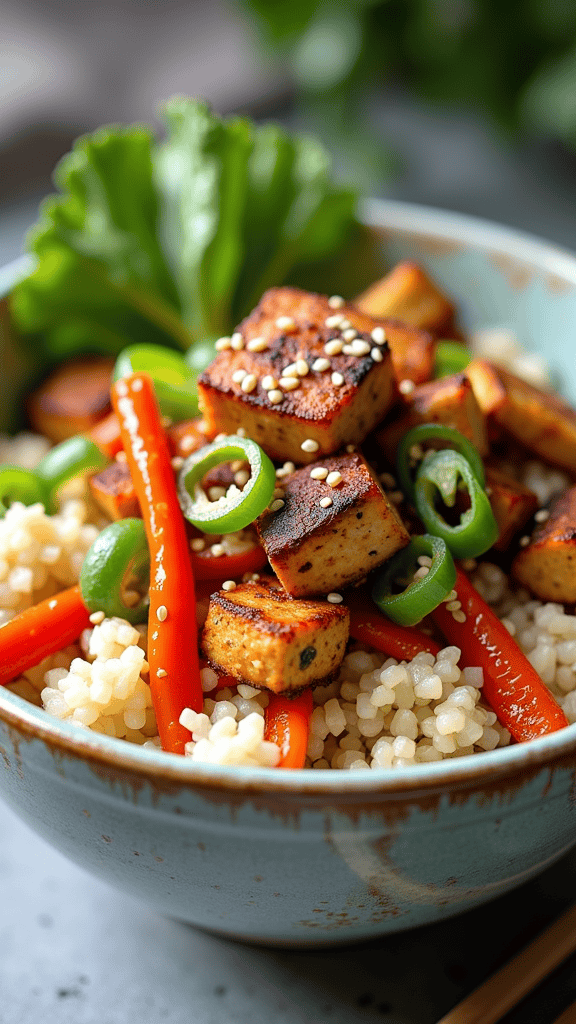 A bowl of cauliflower rice topped with grilled tofu, red bell peppers, green onions, and sesame seeds.