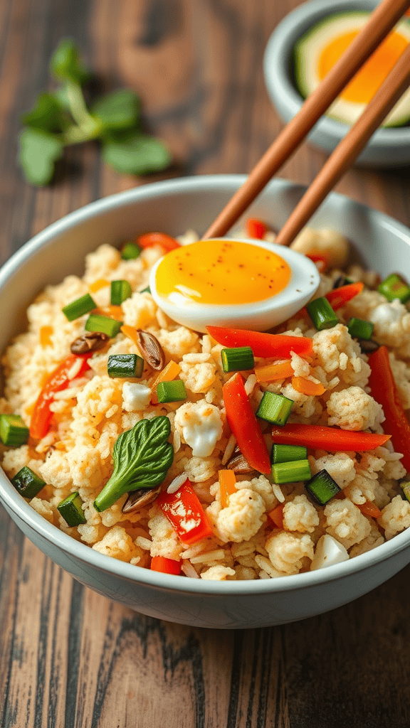 A bowl of cauliflower rice stir-fry topped with an egg and colorful vegetables