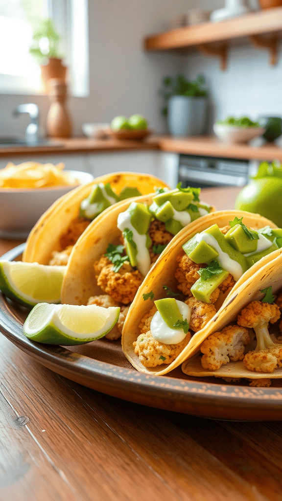 Plate of cauliflower tacos garnished with avocado crema and lime wedges.