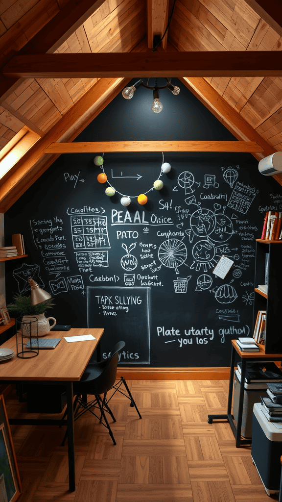 A cozy attic workspace featuring a chalkboard wall filled with notes and sketches, a wooden desk, and a warm ceiling.