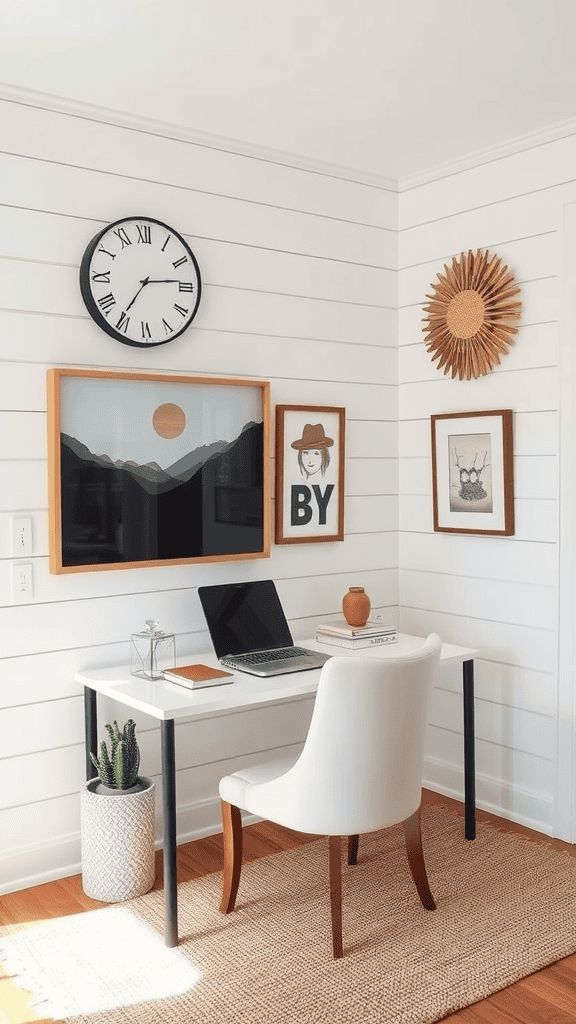 A well-decorated home office featuring a white shiplap wall, a simple desk with a laptop, and various framed artworks.