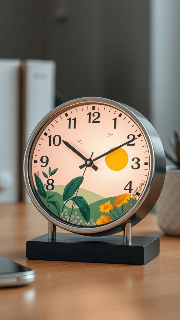 A desktop clock with a nature motif featuring flowers and a sun.