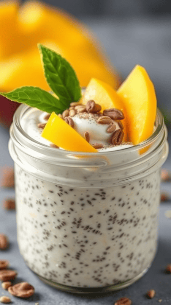 A jar of chia seed pudding topped with mango slices and mint leaves.