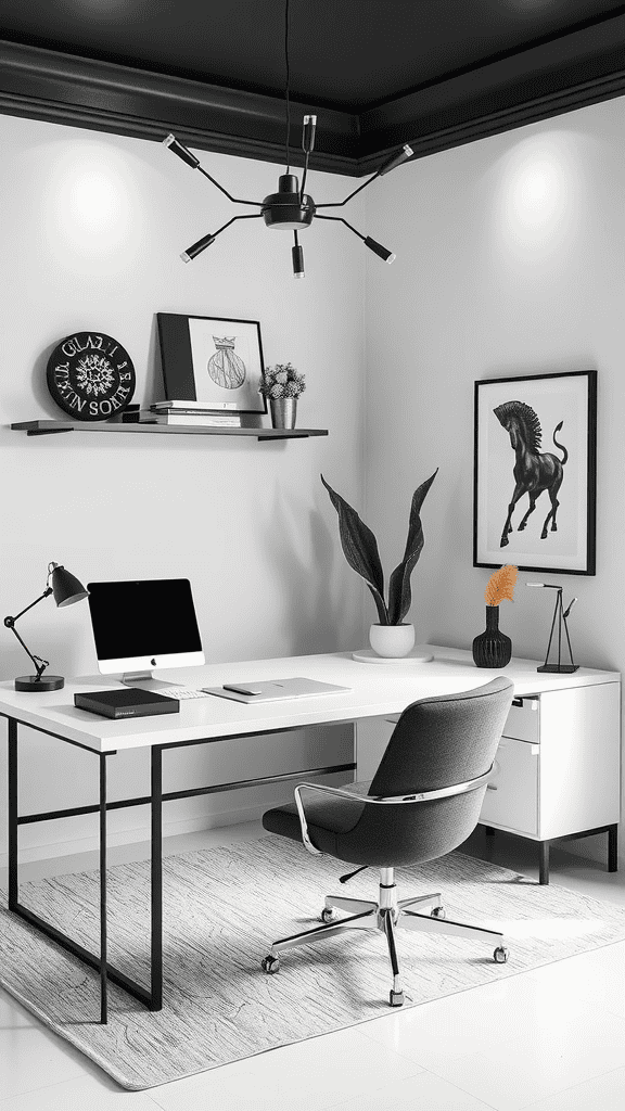 A modern black and white office space featuring a sleek desk, an Apple computer, artistic wall decor, and greenery.