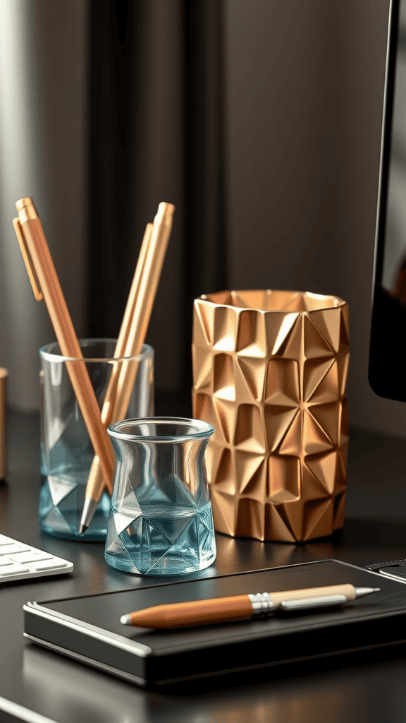 Stylish desk accessories including glass holders and a geometric candle holder.