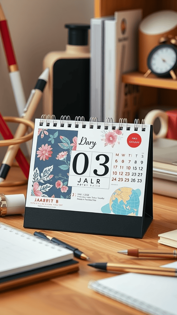 A stylish desk calendar with floral design, sitting on a workspace with pens and a notebook.