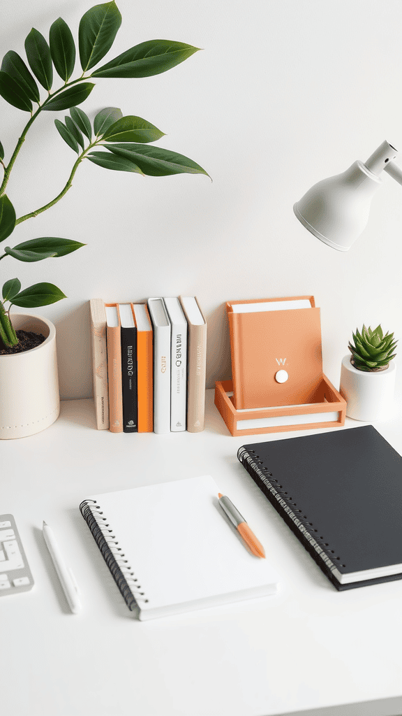 A well-organized desk featuring notebooks, books, a plant, and a lamp.