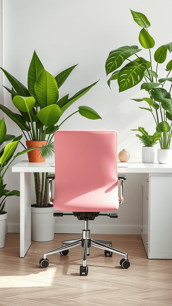 A stylish pink office chair in a bright room surrounded by green plants.