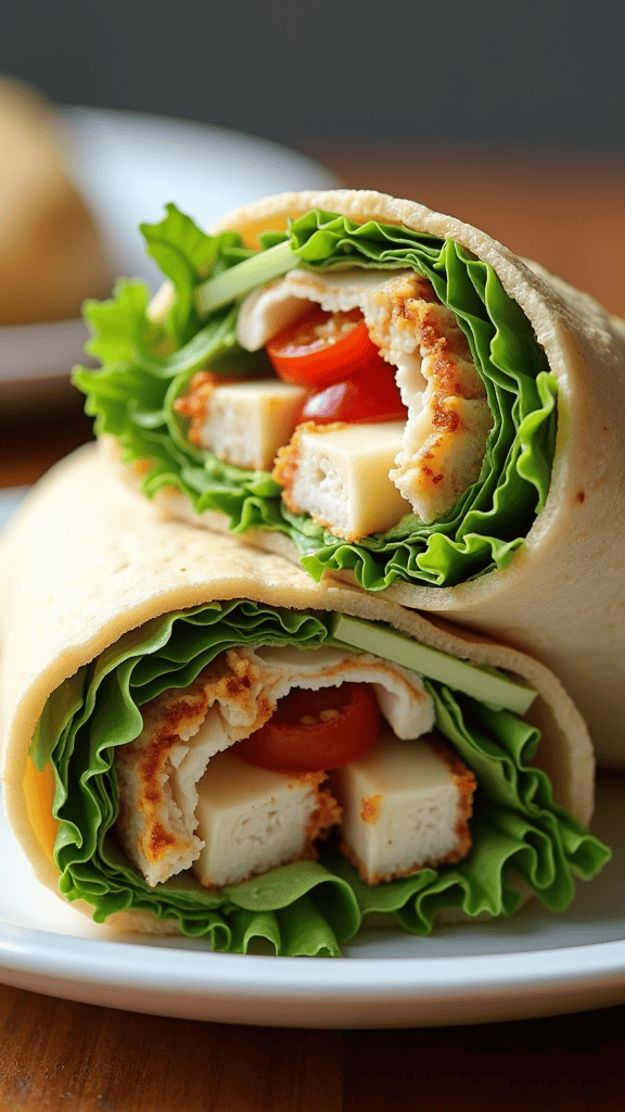 A delicious Chicken Caesar Wrap with lettuce, tomatoes, and chicken wrapped in a tortilla.