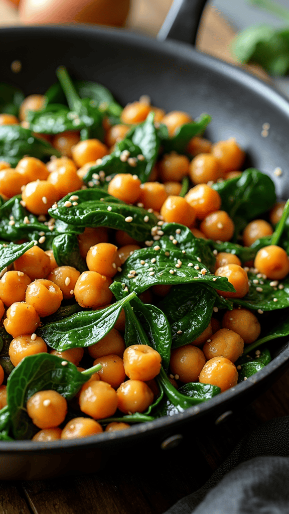 A skillet filled with chickpeas and fresh spinach, topped with sesame seeds.