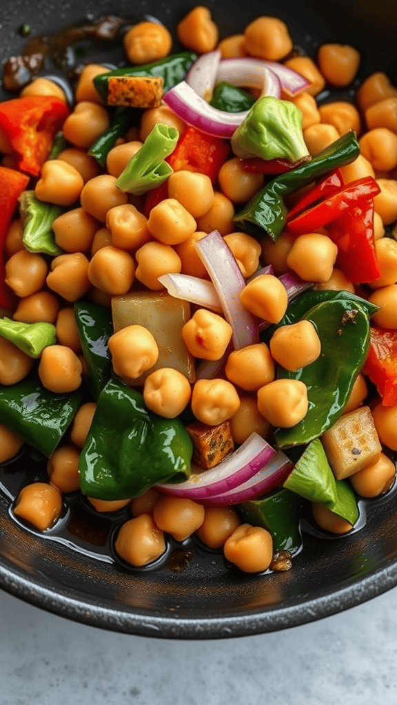 A colorful chickpea and vegetable stir-fry in a bowl