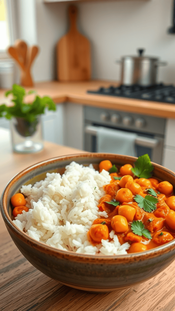 A bowl of chickpea curry with coconut rice, garnished with cilantro, set in a cozy kitchen.