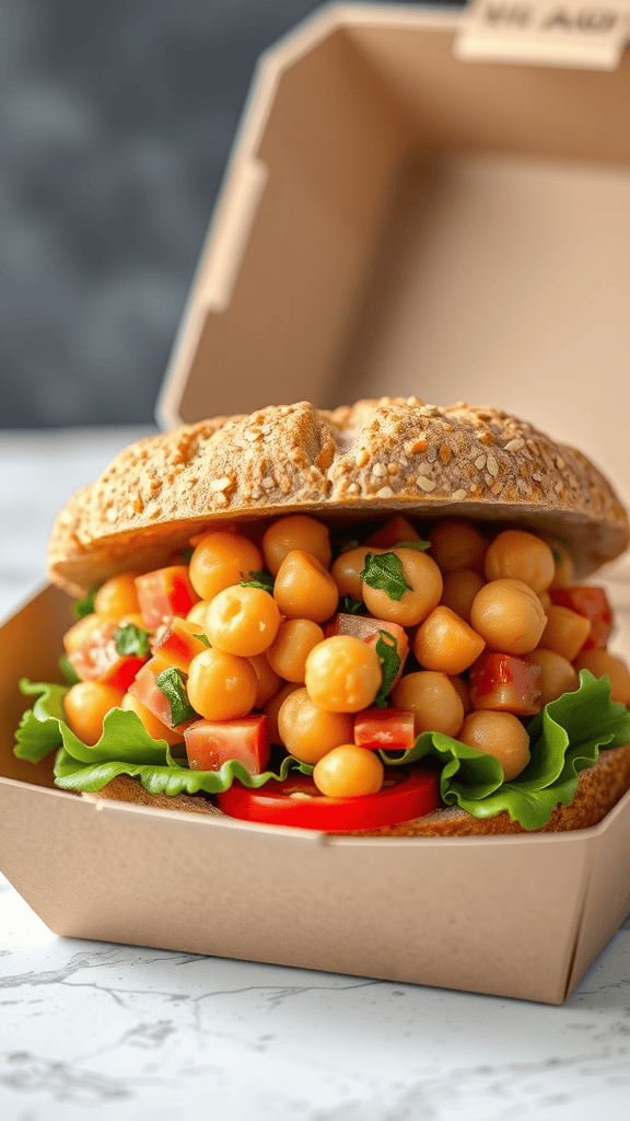 A chickpea salad sandwich filled with chickpeas, tomatoes, and lettuce in a sesame seed bun, placed in a takeout box.