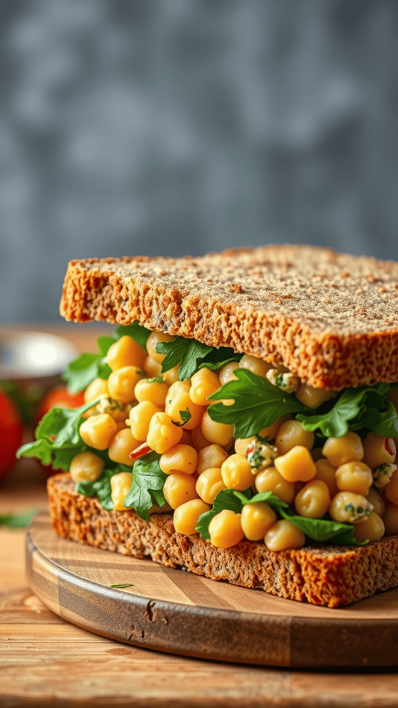 Chickpea salad sandwich on wooden platter