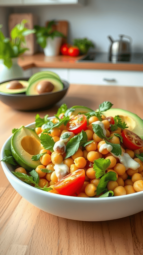 A colorful chickpea salad with avocado dressing, cherry tomatoes, and fresh herbs in a white bowl on a wooden table, with avocados in the background.