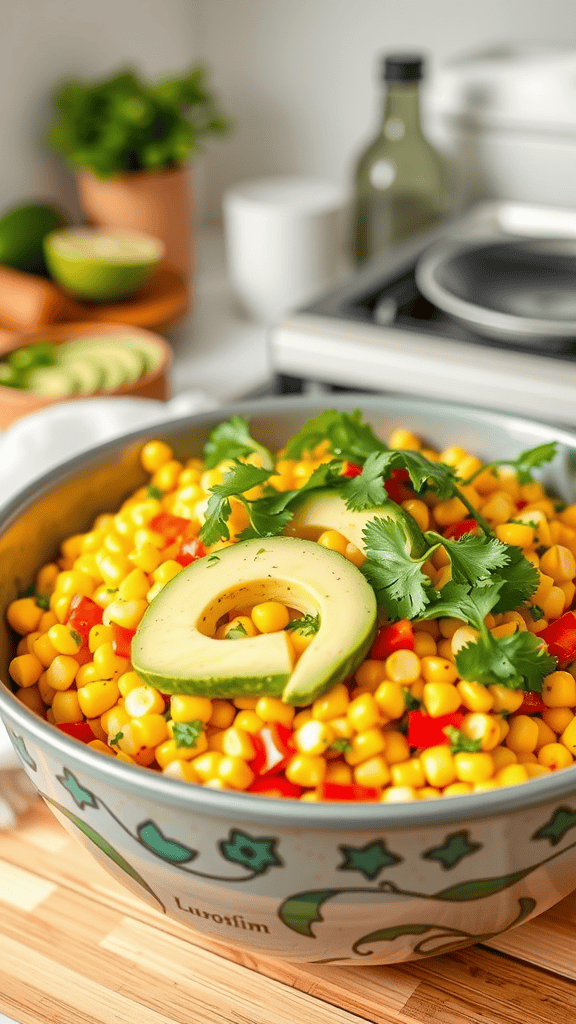 A colorful bowl of corn salad with avocado and cilantro, set in a kitchen environment.