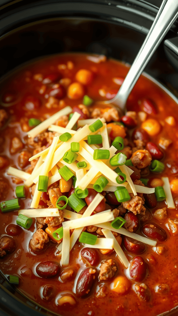 A bowl of chili with beans and ground turkey, topped with cheese and green onions.