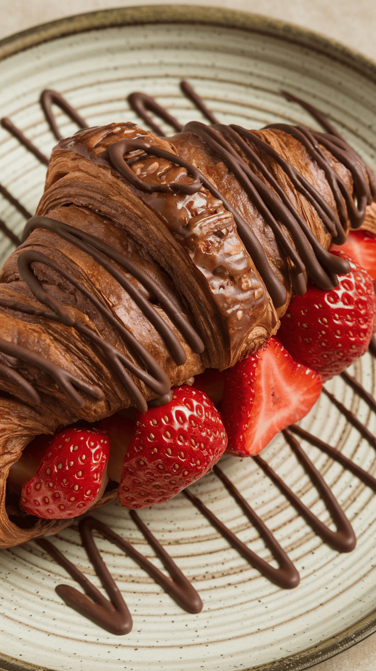 Chocolate hazelnut croissant sandwich with strawberries and chocolate drizzle on a plate.