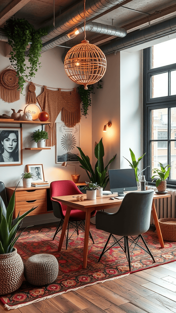 A stylish and cozy workspace with plants, modern furniture, and artistic decor.