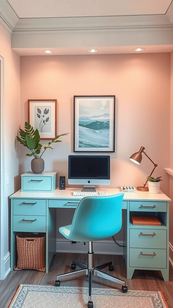 A cozy home office with a pink wall, aqua desk, and chair, featuring a computer and plants.